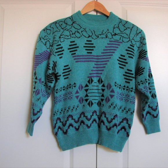 Vintage Green Purple Black Unbranded Geometric Shoulder Pads Crewneck Sweater - Picture 1 of 11